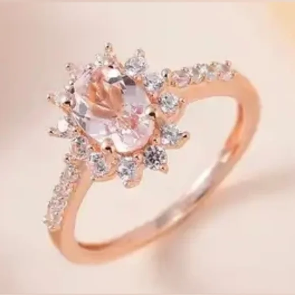 Morganite and White Zircon Sunburst Ring in Vermeil Rose Gold Over Sterling Silv - Picture 2 of 6